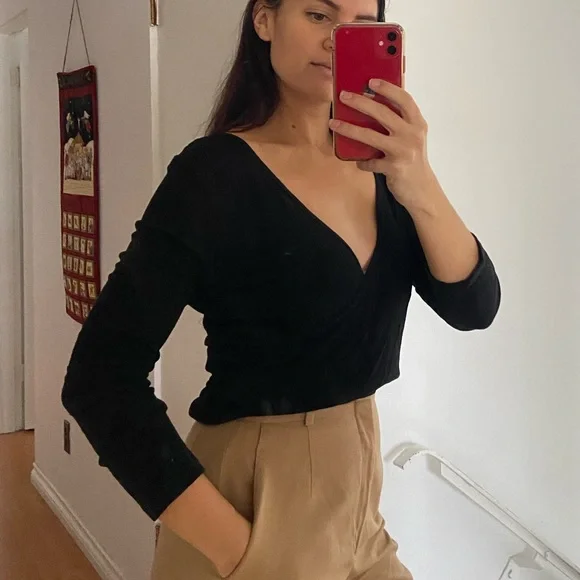 Black, Ribbed wrap top - Picture 2 of 3